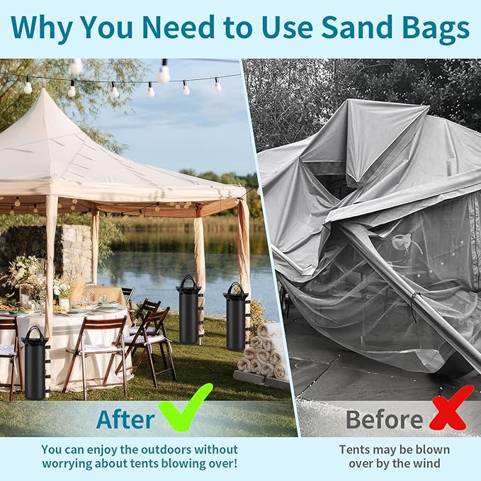 4 Sand Bags for Weight, Heavy Duty Sandbags for Canopy Legs, Extra Large Pop Up Tent Weights, Canopy Weight Bags for Gazebo, Outdoor Sun Shelter, Umbrella - Black, 6"×20", Without Sand