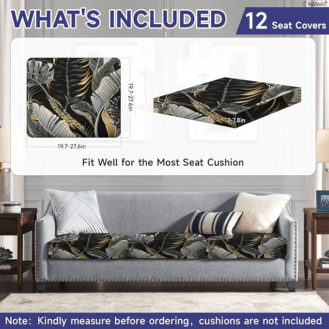 CALBODE 12 Pcs Stretch Outdoor Seat Cushion Covers, Botanical Chair Seat Cover for Patio Furniture Cushions Washable Reusable Indoor and Outdoor Couch Cover Replacement (Black&Gold Leaves, Cover Only)