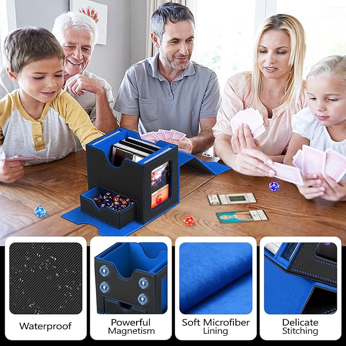 Card Deck Box for MTG with Commander Display Fits 100 Double-Sleeved Cards, Deck Case for EDH/TCG/Sports Cards with 2 Magnetic Card Holders (Black Blue)