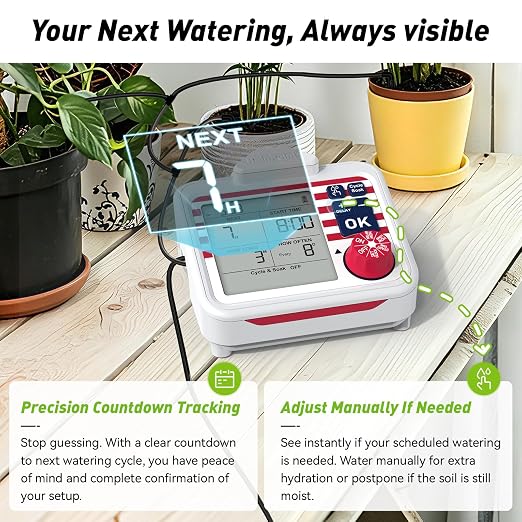 RAINPOINT Indoor Large Display Automatic Plant Waterer Kit | Drip Irrigation System with Next Watering Countdown, Power-Off Memory,Anti-Siphon,Cycle & Soak Mode,Water 10-15 Plants