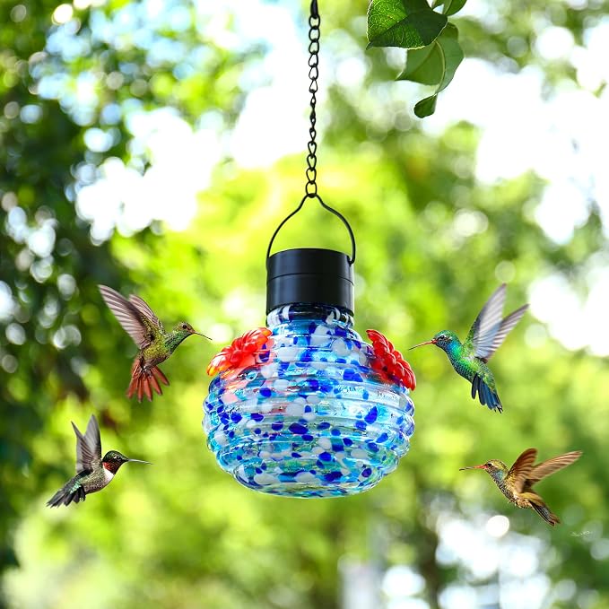 VOREEN Hand Blown Glass Solar Hummingbird Feeder, 17oz Waterproof Hanging Bird Feeder with LED Light, Easy to Clean, Durable Colorful Garden Decorative for Outdoor Yard Patio