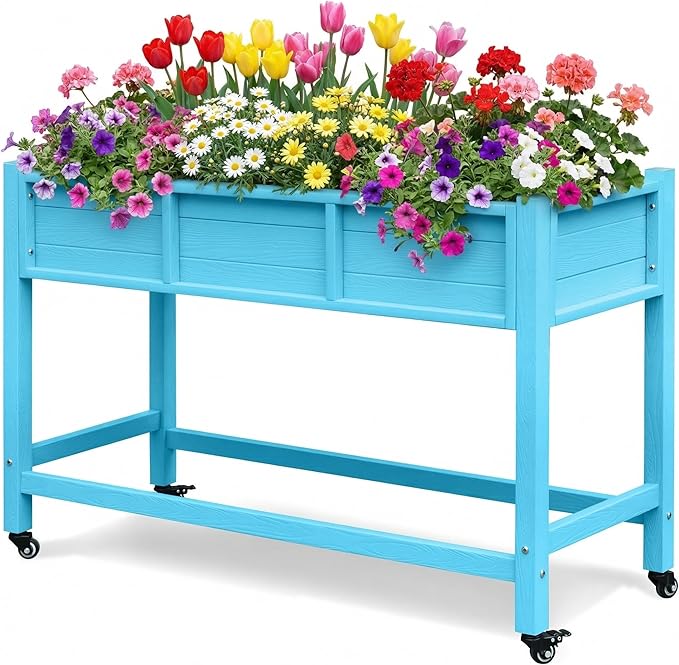 DWVO Raised Garden Bed HDPE with Wheels 47x18x31in Weather-Resistant Poly Wood Raised Planter Box Outdoor with Legs, Elevated Garden Bed for Patio Balcony Backyard, Blue
