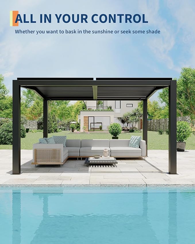 11x13 ft Louvered Pergola, Outdoor Aluminum Pergola with Adjustable Roof Louvers, Reinforced Frame, Integrated Drainage, Weather-Resistant Hardtop Gazebo for Patio, Deck, Backyard, Gray