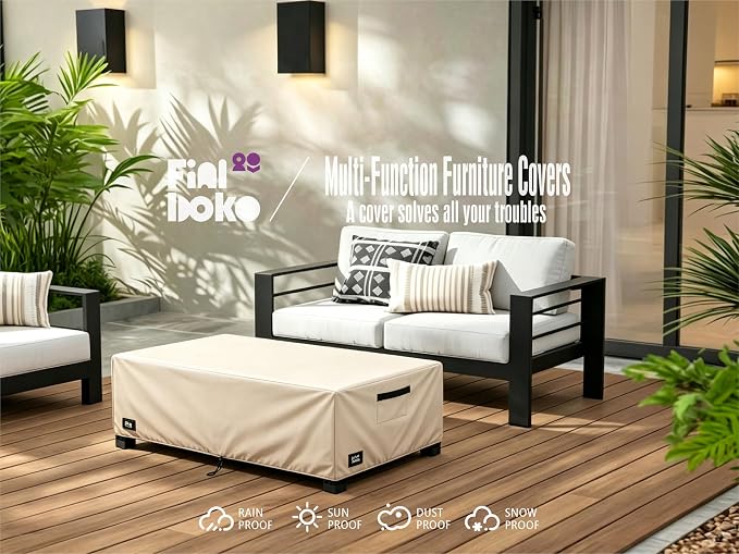 Patio Coffee Table Cover,48Wx28Dx16H Inches 100% Waterproof Heavy Duty Outdoor Rectangular Side Table Cover,Light Brown Minimalism Style Outdoor Furniture Covers
