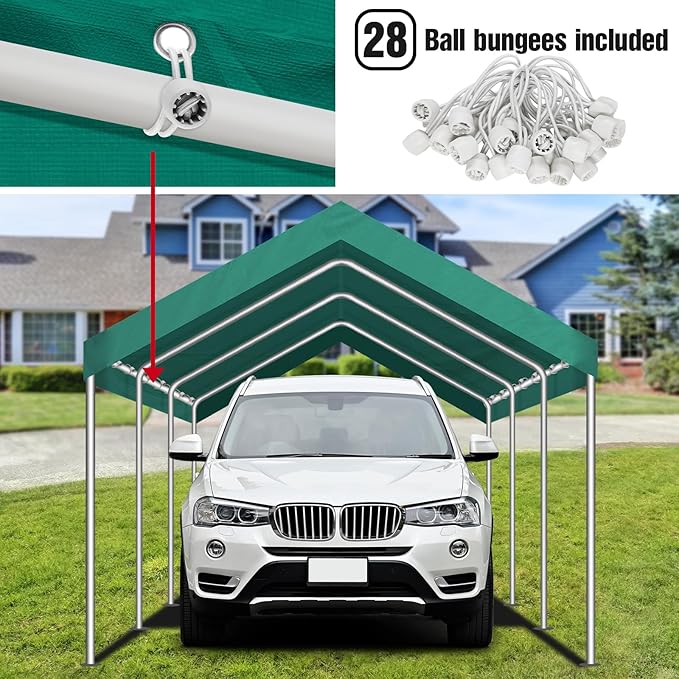 Carport Canopy Replacement Cover, Waterproof & UV Protected Garage Top Tarp Shelter Cover with Ball Bungee Cords, Car Cover Tent (Frame is not Included) (Green, 10'x20')