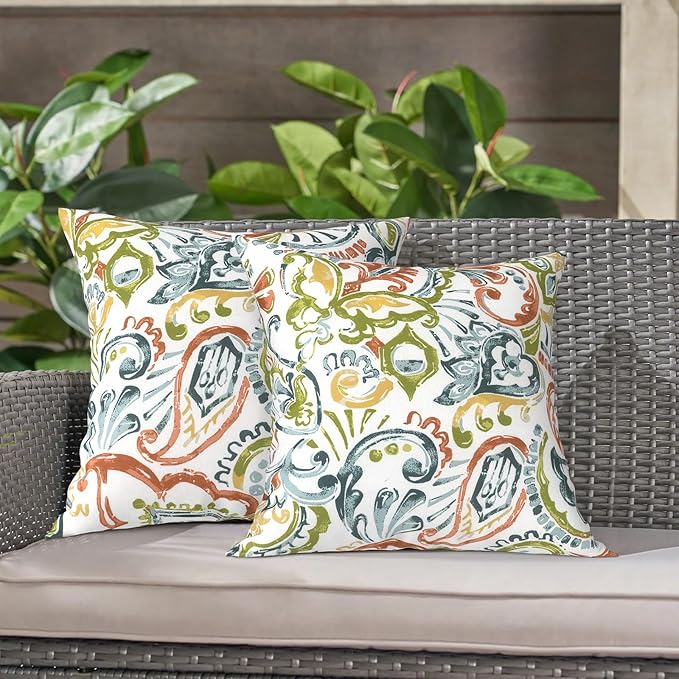 LVTXIII 2 Pack Outdoor Throw Pillow Covers for Patio Furniture, 16x16 Inch Square Pillow Case, Water-Repellent Cushion Covers for Garden, Porch, Sofa, Paisley Botanical