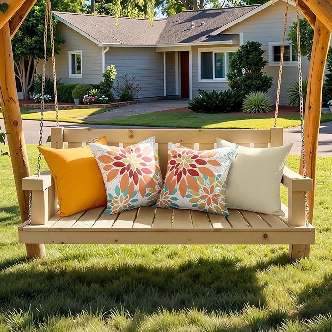 Floral Outdoor Pillow Covers Waterproof Spring Throw Pillow Cases Orange Yellow 20x20 Inch Set of 2 Decorative Summer Cushion Covers for Patio Furniture Garden Bench Porch Sofa