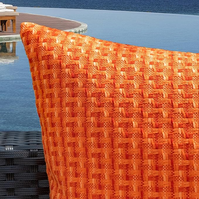 Kevin Textile Fall Outdoor Waterproof Throw Pillow Covers Pack of 2 Weaving Texture Water Resistant Outside Decorative Cushion Covers for Garden Patio Tent Balcony Bench Couch Sofa 18x18 Inch, Orange
