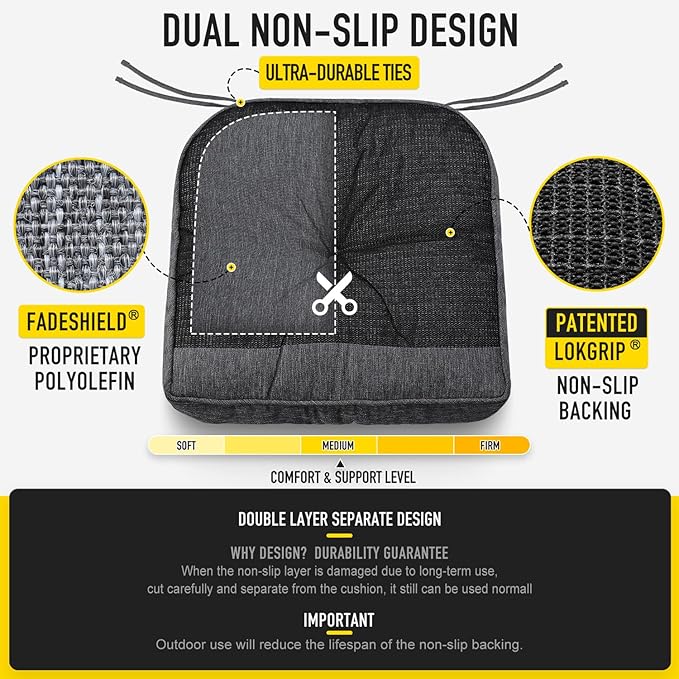 SUNROX Memory Foam Non Slip Rocking Chair Cushion, FadeShield Water Resistant Thicken Durable Tufted Pads, Set of Seat & Back Cushion with Ties for Indoor/Outdoor Rocker, 2 Piece, Heather Charcoal