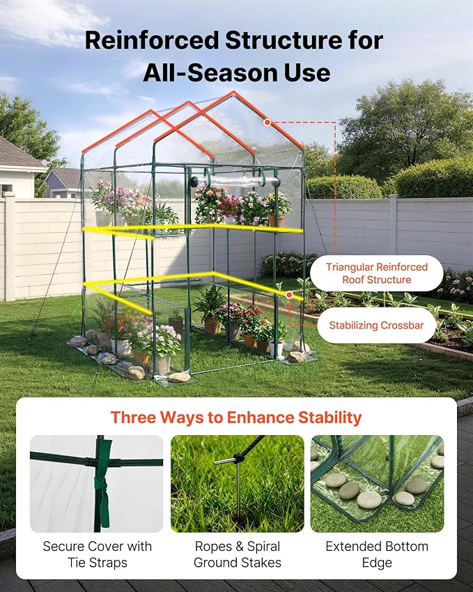 VEVOR Walk-in Greenhouse, 54" x 54" x 77.2" Greenhouse for Outdoors with PVC Cover, 2 Tiers 10 Shelves, Roll-Up Zipper Door, Walk in Green House, Portable Plant Garden Hot House for Backyard Outside