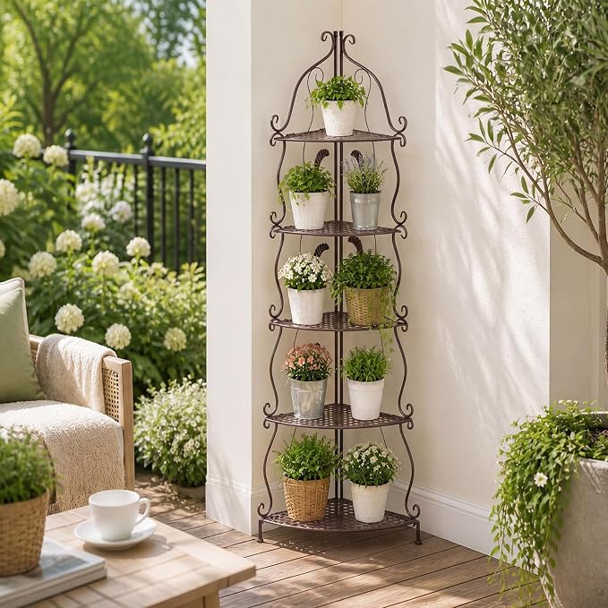 Gisafai 5 Tier Outdoor Corner Plant Stand, Corner Bakers Rack, No Assembly Required Metal Corners Shelf, for Patio Garden Balcony Indoor Outdoor Decor(Rustic Brown)