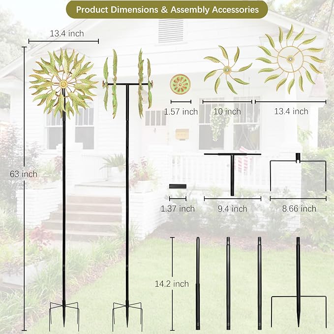 Large Wind Spinners Outdoor Metal, 360° Double-Layer Garden Wind Spinners Sculptures, 63" ×13.4", Kinetic Pinwheels for Yard and Garden Patio & Lawn (Green Copper)