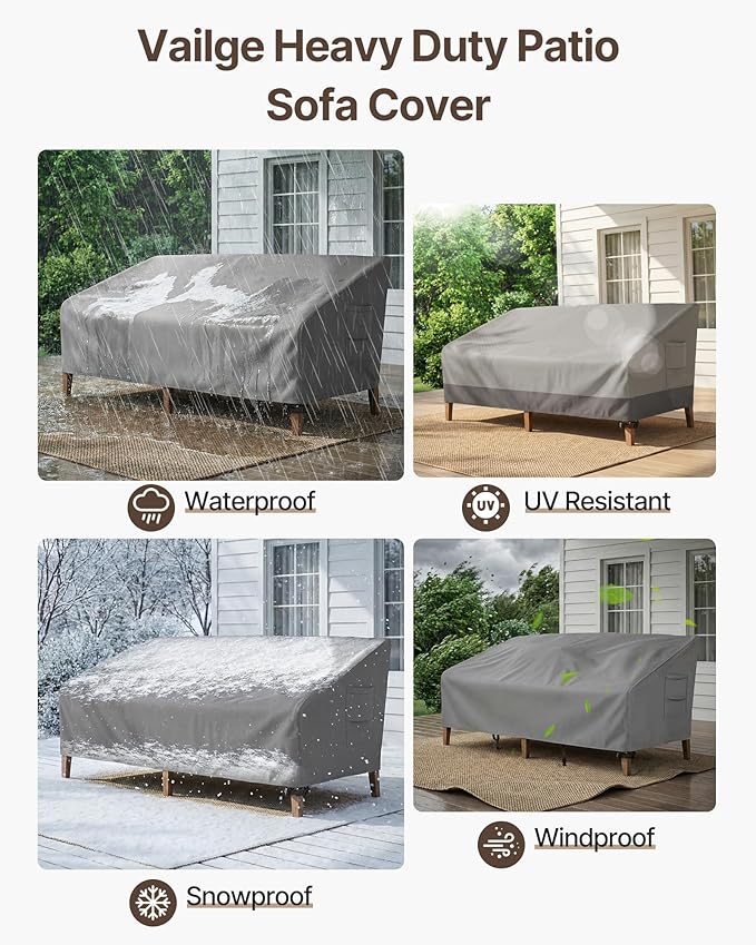 Vailge Heavy Duty Patio Sofa Cover, 100% Waterproof 3-Seater Outdoor Sofa Cover,Lawn Patio Furniture Covers with Air Vent and Handle,85" Wx 37" Dx 35" H,Grey