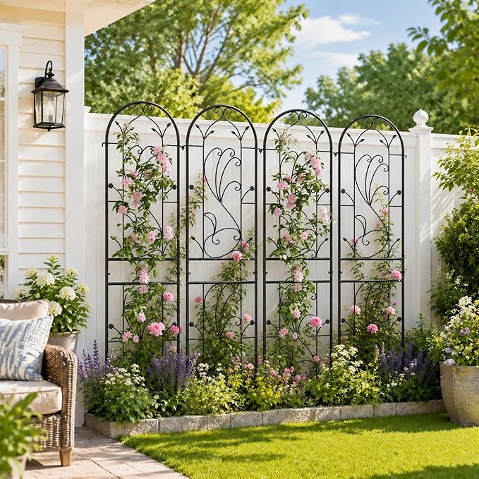 4 Pack 87x20in Garden Trellises, Sunflower Black Metal Coated Rustproof Trellis for Climbing Plants Outdoor, Roses, Vegetables, Vines, Cucumbers