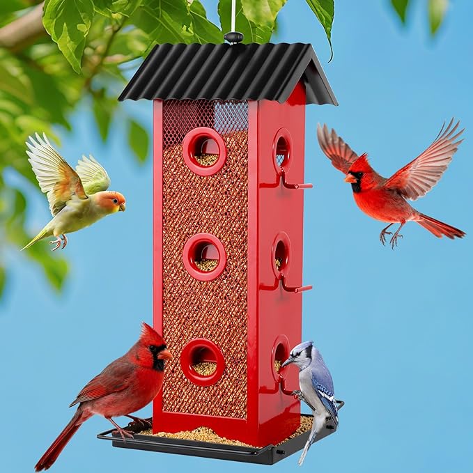All Metal Bird Feeder for Outdoors Hanging | 14-Port Multi-Bird Viewing | Rust-Proof, Waterproof & Easy-Clean | Attracts Cardinals, Finches, Chickadees & More (Cardinal with Black Base)