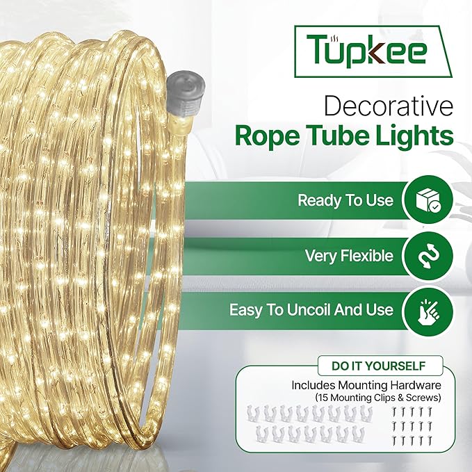 Tupkee LED Rope Light Warm-White - 24 Feet (7.3 m), for Indoor and Outdoor use - 10MM Diameter - 144 LED Long Life Bulbs Decorative Rope Tube Lights