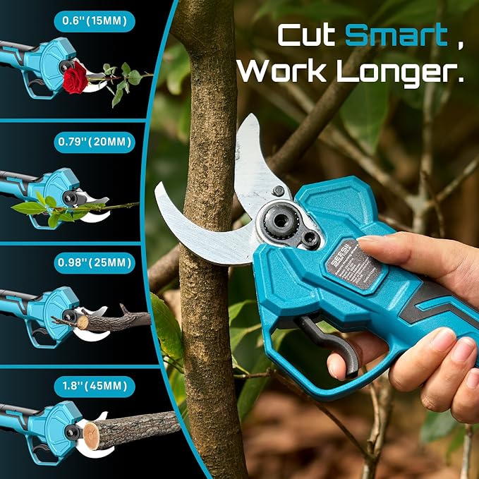SEESII Electric Pruning Shears for Gardening: 1.8” Cutting Cordless Power Pruner - Brushless Motor, Dual 4.0Ah Battery, 4 Levels Adjustable Extra SK5 Blade Branches Cutter For Tree & Flower Trimming