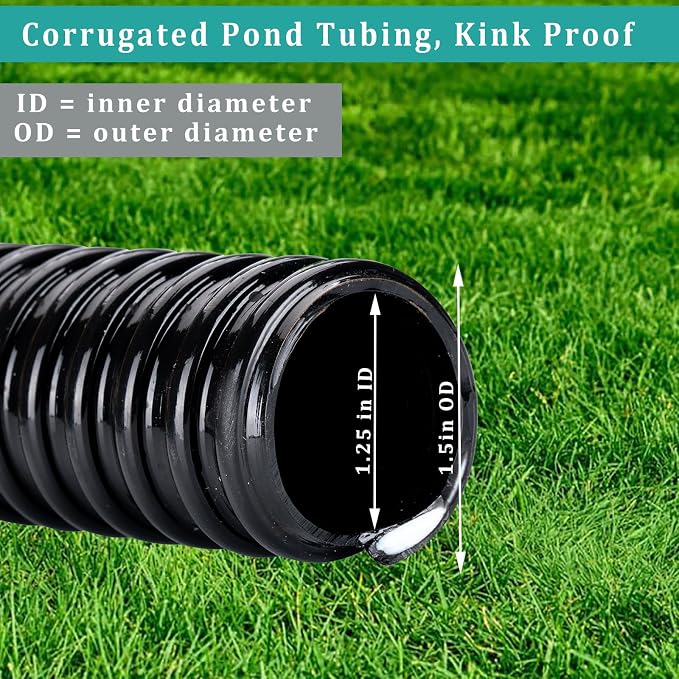 Pond Hose ID 1-1/4” × 10ft Black Corrugated Flexible Reinforced PVC Hose Vinyl Tubing for Pond Pump Fountain Garden Waterfall, Non-toxic & Kinkproof, with 2 clamps