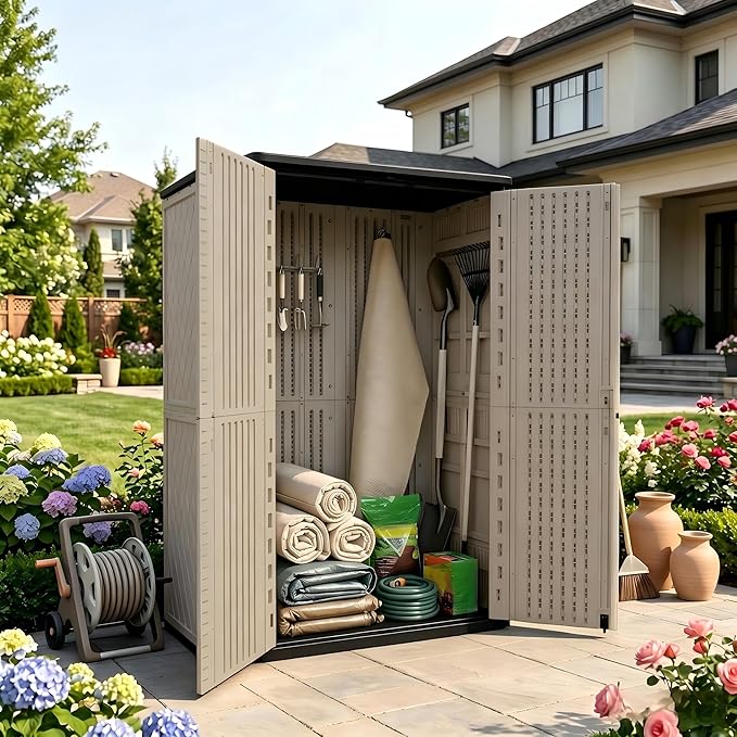 Outdoor Storage Shed 66 cu.ft, Waterproof Resin Vertical Cabinet Double-Layer for Patio Furniture, Garden Tools, Lawn Mower, Pool Accessories, UV Resistant for Yard Balcony – Shelves Not Included
