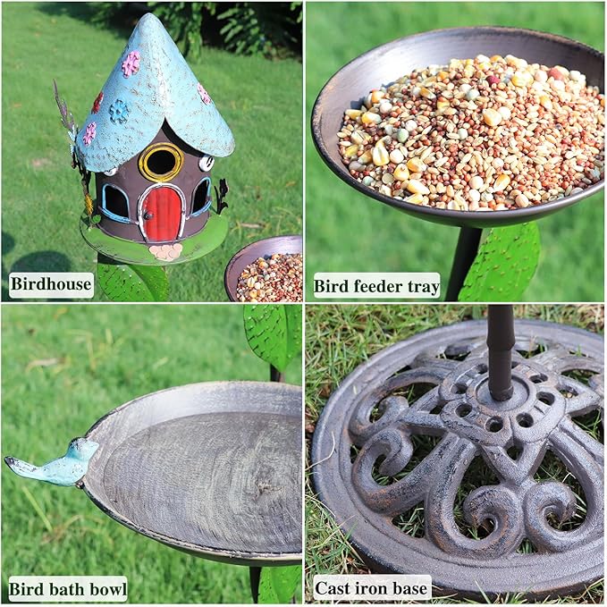 38" H Cast Iron Pedestal Bird Bath, Bird Baths for Outdoors with Metal Bird House Bird Feeder 3-in-1, Garden Yard Lawn Decor