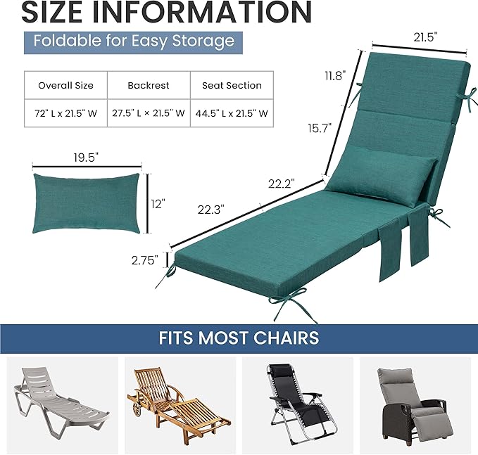 Crestlive Products Foldable Outdoor Chaise Lounge Cushions with Head Pillow and Side Pockets,Water Repellent & Fade Resistant Lounge Chair Cushion, 72''L x 21''W, Set of 2, Malachite