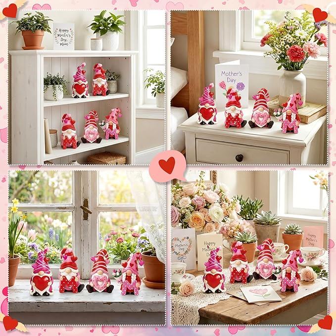 Simgoing 4 Pcs Mother's Day Gnomes Figurines Resin Gnomes Tabletop Decorations Gift for Mom Women Mini Holiday Statues Table Centerpieces for Mothers Day Home Decorations