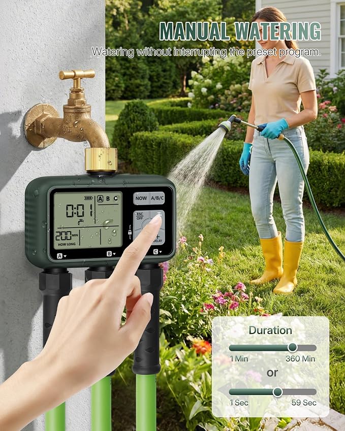 3 Zone Brass Sprinkler Timer, Garden Hose Timer, Automatic Irrigation System, Programmable Faucet, 3 Outlets, with Rain Delay, Manual Mode,Child Lock, for Yard, Garden, Lawn, Green E13WT06