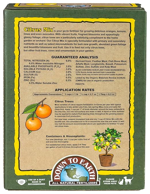 Down To Earth All Natural Fertilizers Organic Citrus Mix - Plant Food for Lemons, Limes, Oranges and Avocados 6-3-3, 1 lb