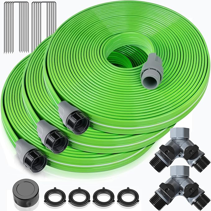 LAVEVE Heavy Duty Sprinkler Soaker Hose 75 FT, Flat Garden Hose with Holes, Efficient Flexible Irrigation Hose for Yard, Lawn and Garden, Includes Stakes (25FT x 3Pack)