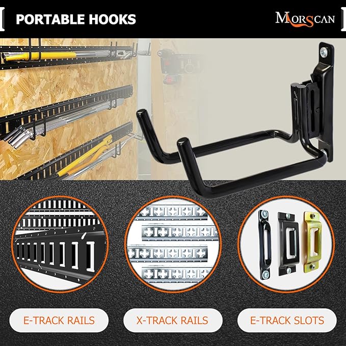 4-Pack Heavy-Duty E-Track Double J Hooks with Extra Rubberized Dip-Coating - Steel Tool Hanger for Long Handled Tools, Trailers & Garden Storage