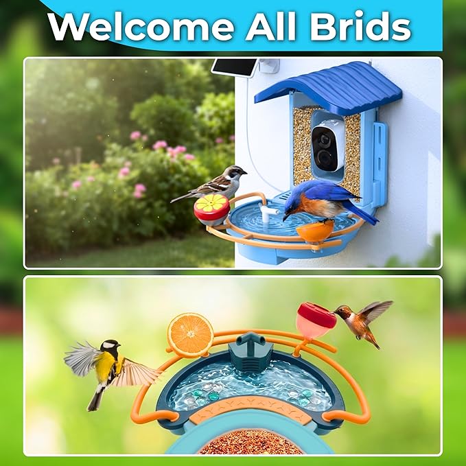 Bird Feeder with Camera, 2K HD Smart Outdoor Bird Feeder, Solar Powered 5200mAh Battery, AI Bird Identification (10,000+ Species), Motion Detection Alerts, Night Vision, Bathing Area, OKAM Pro App