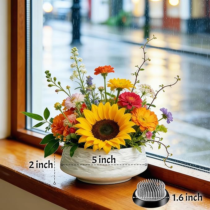 5 inch Japanese Ceramic Ikebana Vase Kit with1.6 inch Metal Floral Frog Round Stems Holder, Flower Frog Arranging Supplies Kenzan Flower Container (Rock Texture - Small White)