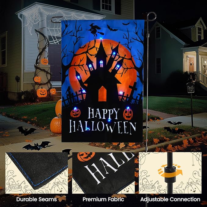 LED Christmas Haunted House Garden Flag Stake, Solar-Powered Double-Sided Outdoor Decor, Scary Yard Flag for Patio Lawn Thanksgiving Party Winter Holiday Decorations & Gifts