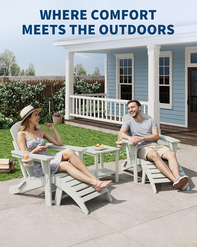 GarveeLife Folding Adirondack Chair Set of 2 with Ottoman, All-Weather HDPE Outdoor Chair, Wooden Textured with Cup Holder for patios, Decks, Gardens, fire pits, White