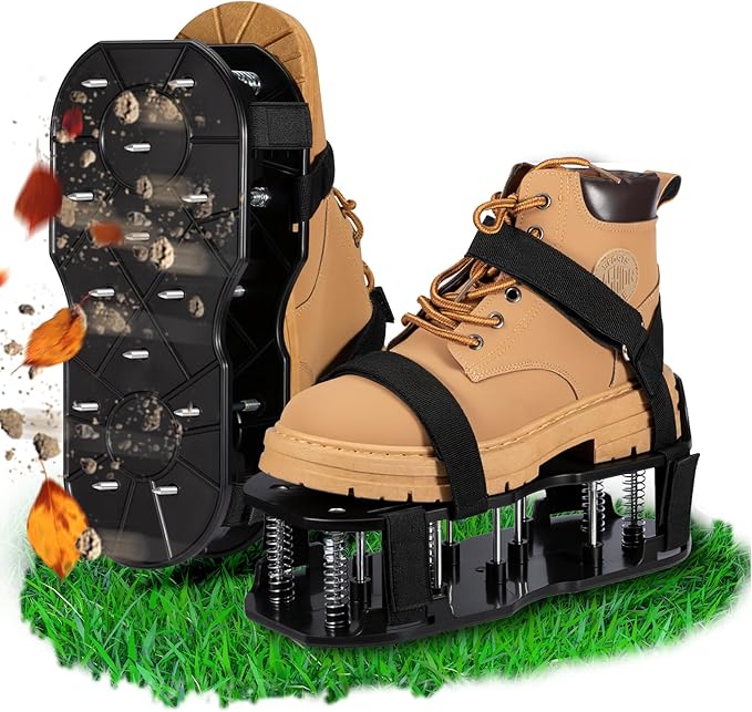 NAZZO Lawn Aerator Shoes, Upgrade Double Layer Lawn Shoes, Spring-Loaded Design, No Dirt on the Shoes, Soil Yard Aerator Tool for Aerating Patio Garden, Black, Patent Authorization Obtained