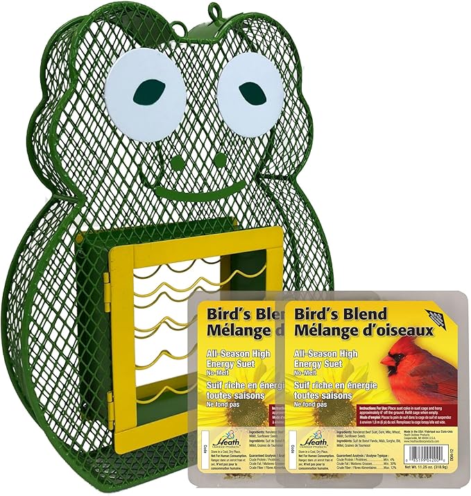 Heath Whimsical Frog Suet 'n Seed Bird Feeder for Suet Cakes and Sunflower Seeds with 2 Free Bird's Blend Suet Cakes Included