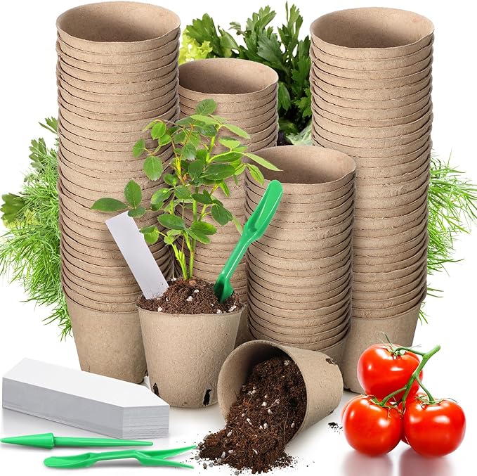 Nuogo 240 Pcs Peat Pots Starters Kit for Seedling 3.15 Inch Biodegradable Small Nursery Pots Planting Peat Trays with 120 Labels and 2 Transplant Tool for Flower Fruit Vegetable Seed Germination