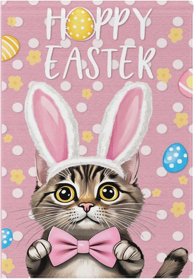 Happy Easter Day Pink House Flag 28x40 Inch Double Sided Outside Bunny Cat Bowknot Rabbit Easter Egg Yard Outdoor Flag Banner for Garden Lawn Patio Holiday Decorations
