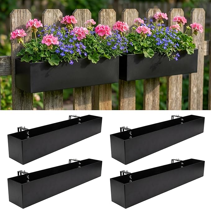 LaLaGreen Railing Planter Box (30 Inch, 4 Pack) Large Black Metal Rectangular Hanging Flower Boxes with Brackets, Planters for Outdoor Deck Railings Fence Balcony Patio Porch Over Rail Garden Decor