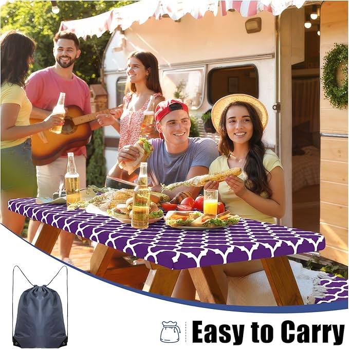 Smiry Picnic Table Cover with Bench Covers, Waterproof Elastic Fitted Tablecloth for 5 Foot Tables, Washable Polyester Tablecloths for Camping, Indoor & Outdoor (Purple, 30x60 Inch 3-pc Set)