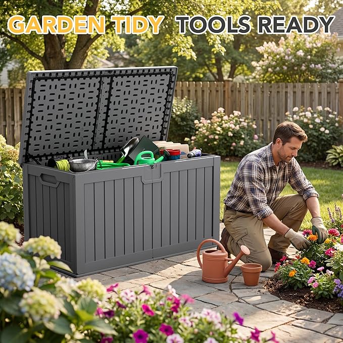 240 Gallon HDPE Deck Box Outdoor Indoor Waterproof Storage Box for Patio Furniture, Pool Accessories, Garden Tools, and Cushion Storage, Gray