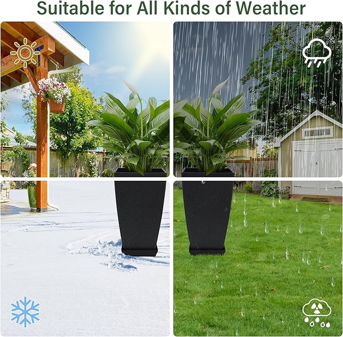 Neoaider Set of 2 Tall Planter, 21 inch Large Plastic Planter with Drain Hole & Saucers, Large Outdoor Planters for Porch, Garden, Patio, Balcony(Cement Gray)