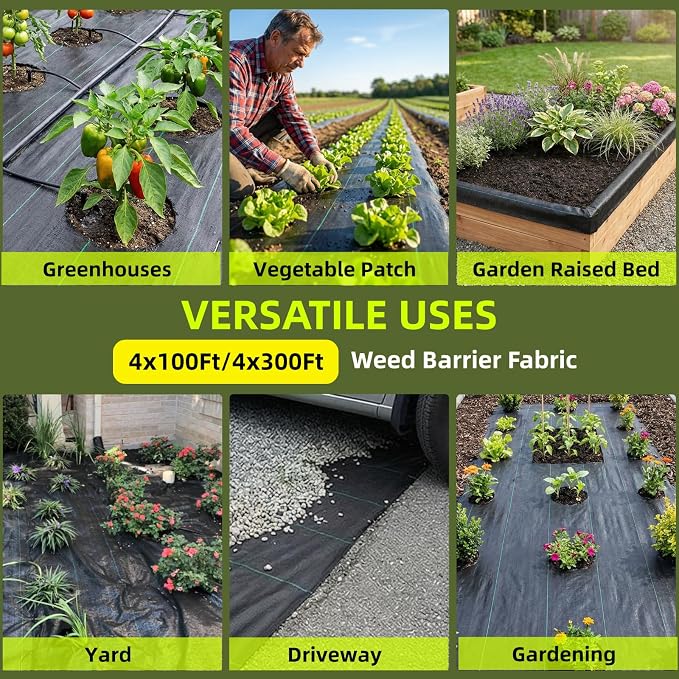 Rohuis 4ft x 100ft Weed Barrier Landscape Fabric, 3.2OZ Heavy Duty Woven Ground Cover for Garden, Weed Control Mat for Gardening Driveway Landscaping, Garden Black Tarp with 20 U-Shaped Securing Pegs