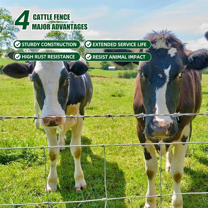 Livestock Fence, 4ft X 164ft Galvanized Wire Field Wire Fencing, Cattle Fence, Deer Fence, Heavy Zinc Coating Farm Fence Used to Hog Goat Fencing for Yard and Field Hog Horse