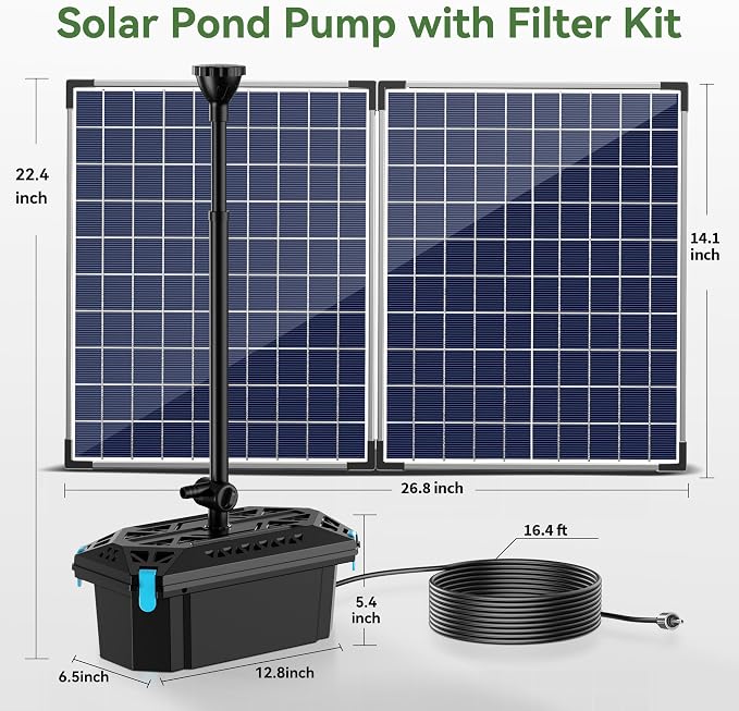 NFESOLAR 50W Solar Pond Filter Fountain, 580 GPH Water Pump, 10 FT Extension Cord, Solar Fountain Pump with Pond Filter Box Outdoor for Koi Ponds Water Feature