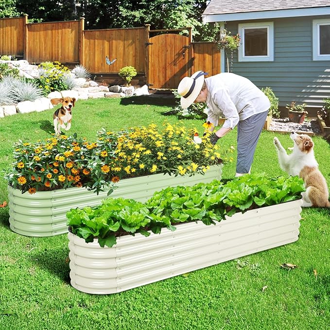 Aoodor 9-in-1 Modular Aluzinc Metal Raised Garden Bed, 89" L x 17.7" W x 17" H, Outdoor Planter Box for Vegetables, Flowers, and Herbs, Beige