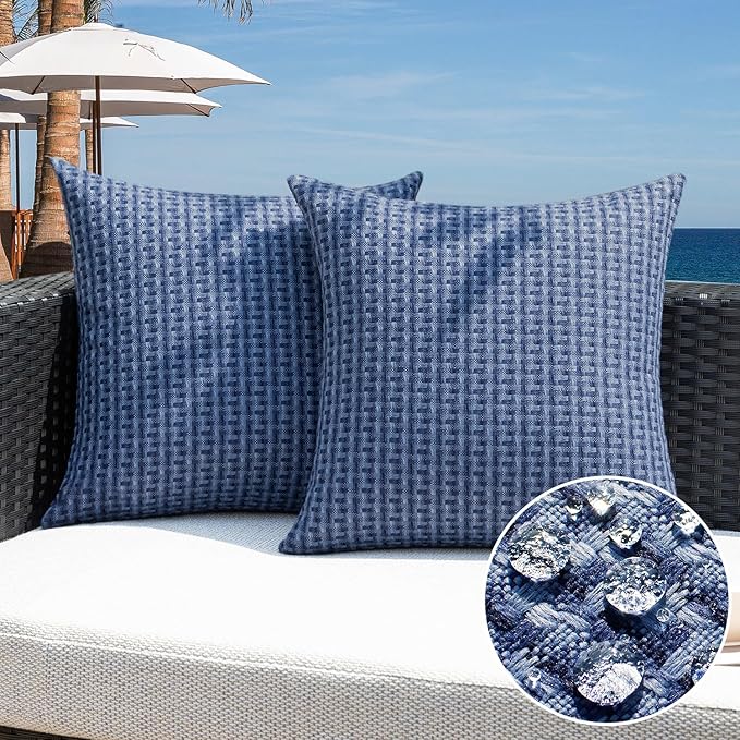 Kevin Textile Outdoor Waterproof Throw Pillow Covers Pack of 2 Farmhouse Decorative Cushion Covers for Garden Patio Tent Balcony Bench Couch Sofa 22x22 Inch, Navy Blue