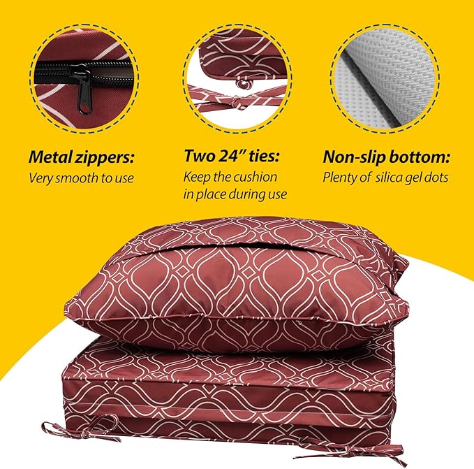 AAAAAcessories Outdoor Seat Cushions for Chairs, Fade-Resistant, Waterproof Patio Furniture Replacement Cushions, 23.5" x 25.5" x 5" + 23.5" x 19", Clay Red Vine Trellis