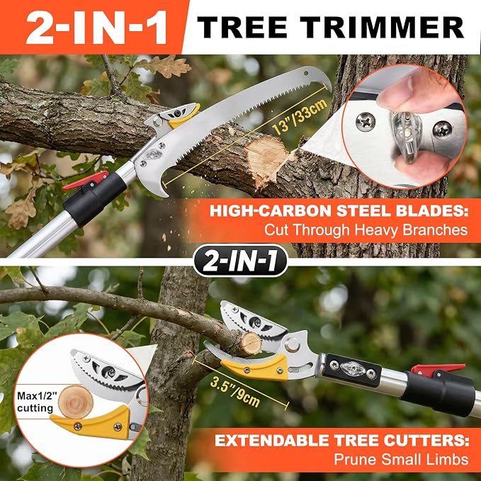 3-in-1 Pole Saws for Tree Trimming, SK5 Blade Extendable Pole Pruner, Telescoping Long Branch Cutter Tall Tree Trimmer, High Reach Pruning Shears for Garden Yard Fruit Picking
