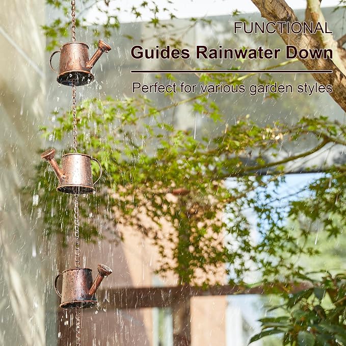 Glitzhome 8.5 FT Watering Pot Rain Chains, Faux Copper Rain Chains for Gutters with 11 Pots, Adjustable Rain Catcher Chain with V-Shaped Gutter